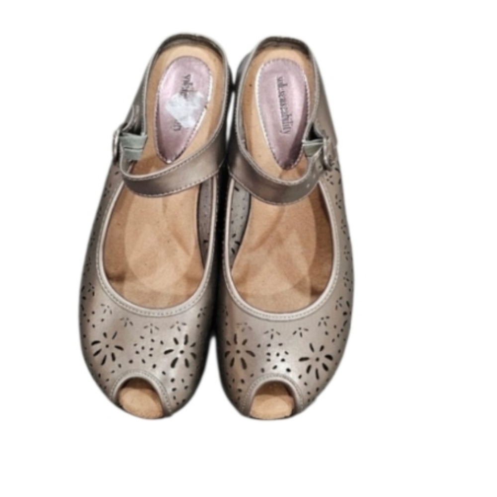 sole senseability metallic  Mary Jane  peep toe wedge  mule sandals